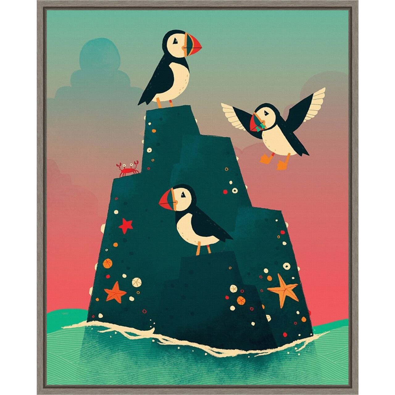 Puffin Rock by Michael Buxton 16-in. W x 20-in. H. Canvas Wall Art Print Framed in Grey